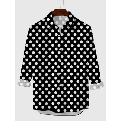 Black and White Round Fashion Polka Dots Printing Men's Long Sleeve Shirt