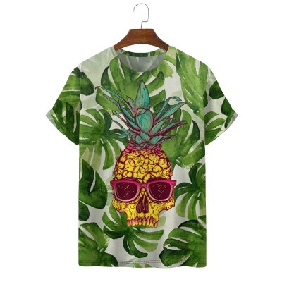 Men's Hawaiian Tropical Leaves Pineapple Skull Short Sleeve T-Shirt