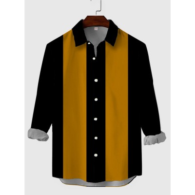 Vintage Black-Yellow Stripe Button Down Men's Long Sleeve Shirt